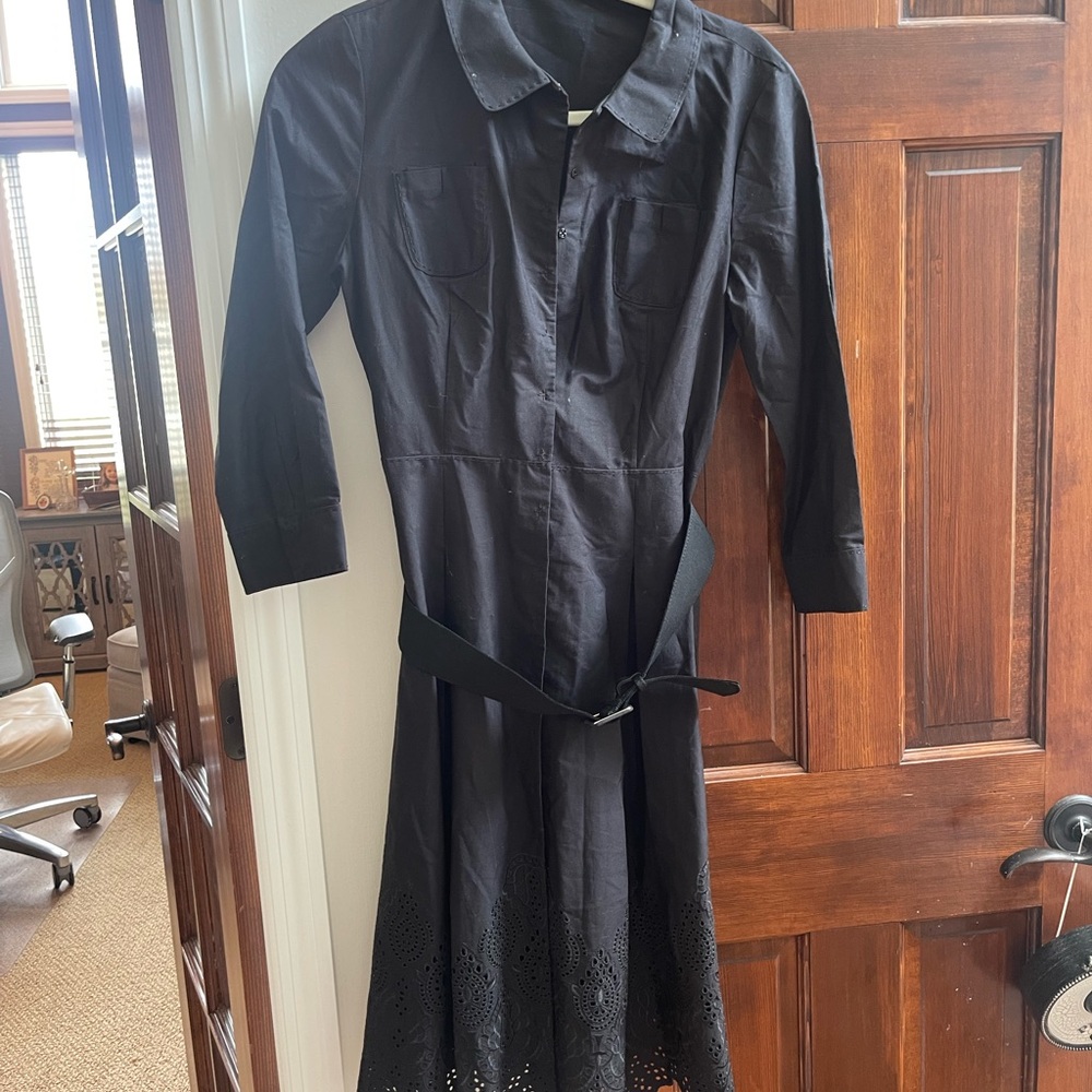 Elie Tahari Black, Embroidered Hem Belted Shirtdress